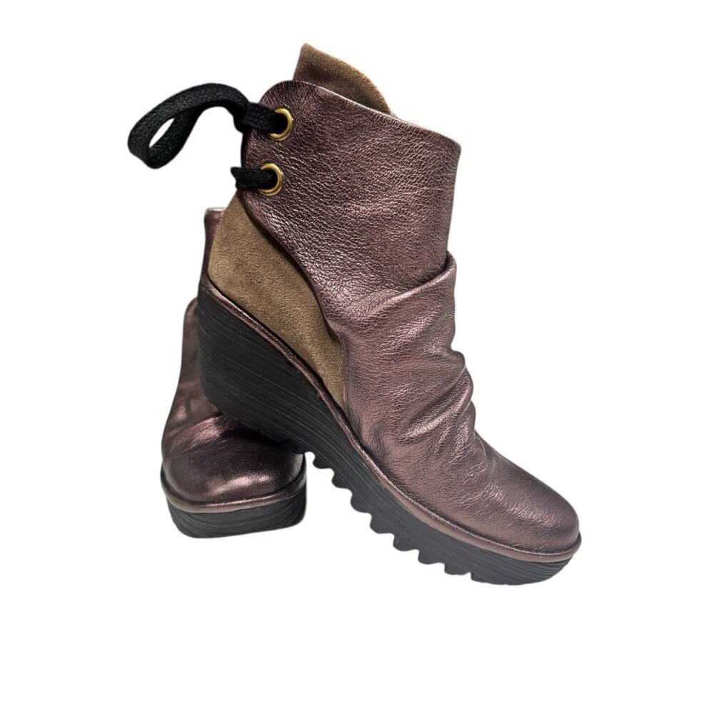 Fly London Women's YAMA Wedge Boots Leather / Suede Lace Up Heel Size 6.5 / 37